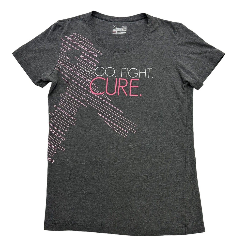 Under Armour Shirt Womens Medium M Gray Pink Semi Fitted Heatgear Go Fight Cure